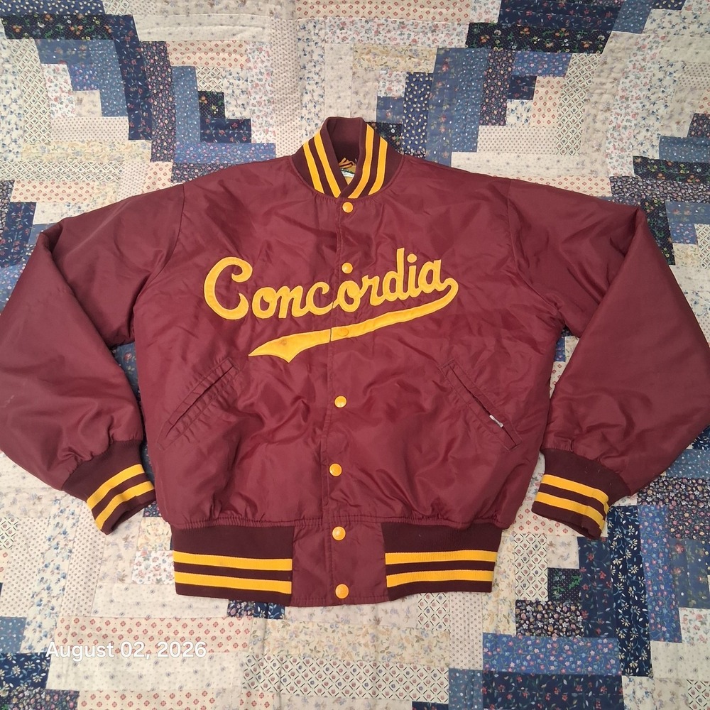 Vintage Concordia College Satin Snap Bomber Jacket Mens Medium Maroon USA Made